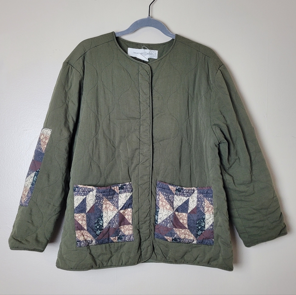 Treasure & Bond Green Quilted‎ Patchwork Jacket Cottagecore Cozy Pockets